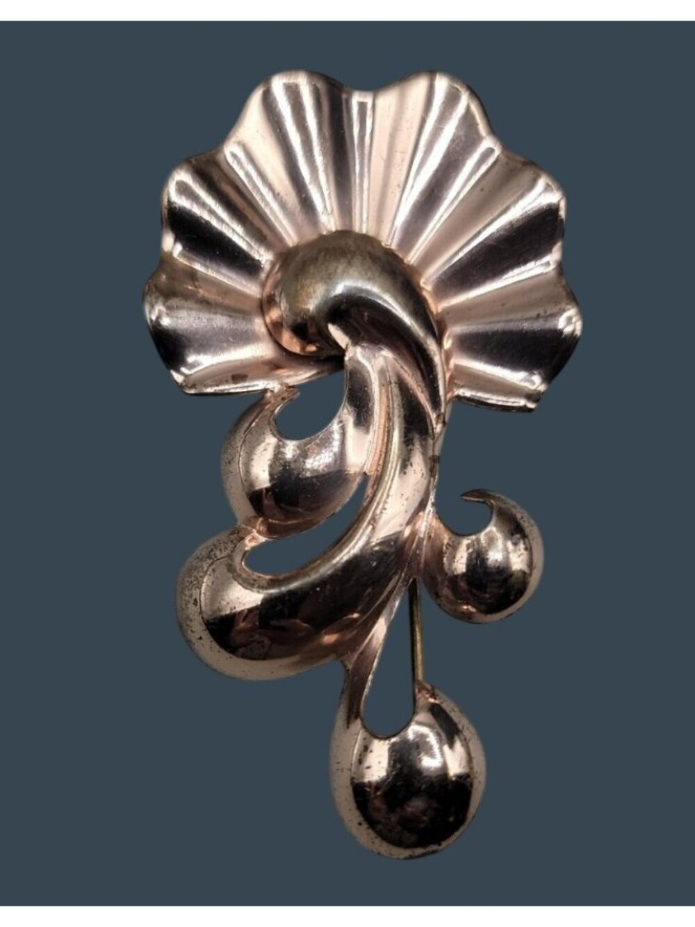 Rare 1940s Vintage MONET STERLING Silver Rose Gold Vermeil Retro Fan Brooch Pin - Picture 2 of 7